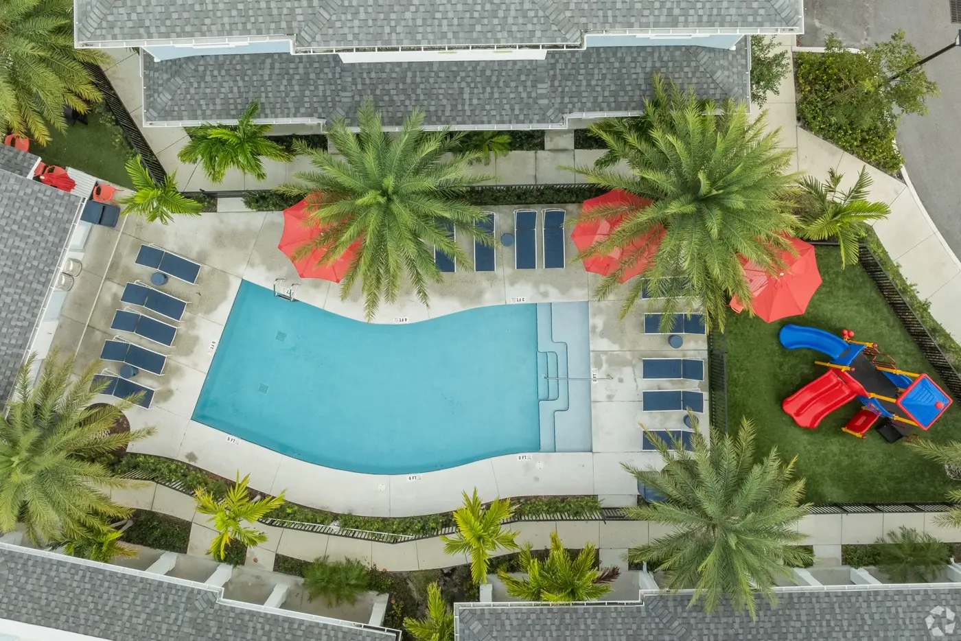 Aerial view of the heated pool and cabana at Haney Creek Crossing